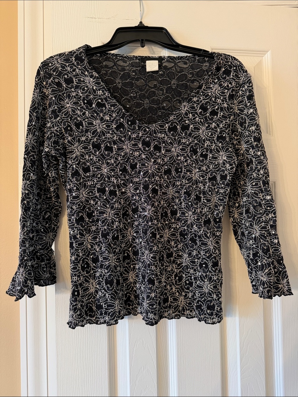 Brittany Black Black & White Floral Lace Long Sleeve Top - Scoop Neck